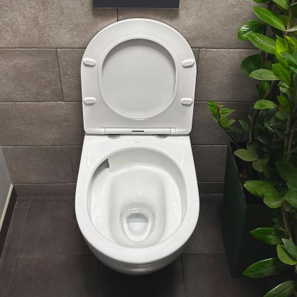 REA-C1259 - Vas WC suspendat cu capac CARLO MINI TORNADO RIMLESS, ceramică/alb lucios