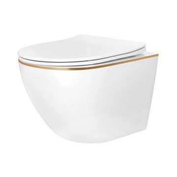 REA-C6806 - Vas WC suspendat CARLO MINI TORNADO Rimless cu capac, ceramică/alb/auriu
