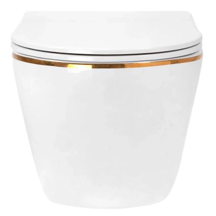 REA-C6806 - Vas WC suspendat CARLO MINI TORNADO Rimless cu capac, ceramică/alb/auriu