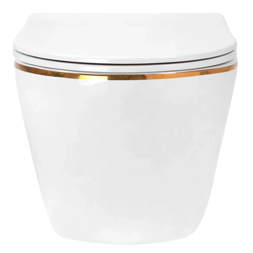 REA-C6806 - Vas WC suspendat CARLO MINI TORNADO Rimless cu capac, ceramică/alb/auriu