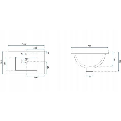 REA-U0040 - Lavoar încastrat DAFNE, 46,5 x 76 cm, ceramică, alb lucios