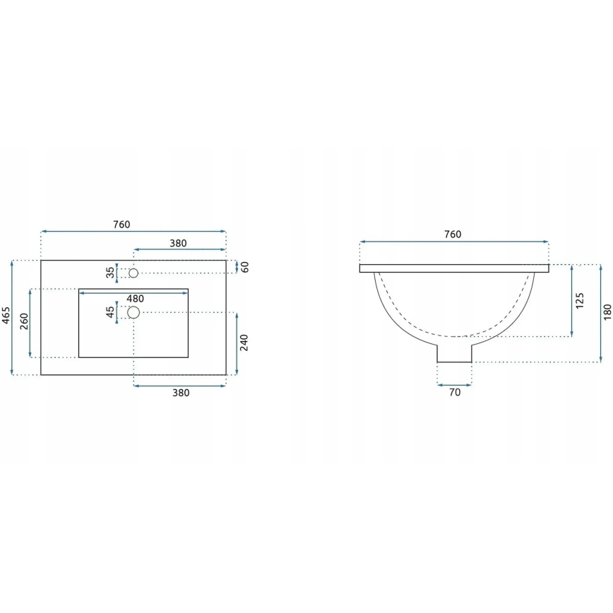 REA-U0040 - Lavoar încastrat DAFNE, 46,5 x 76 cm, ceramică, alb lucios