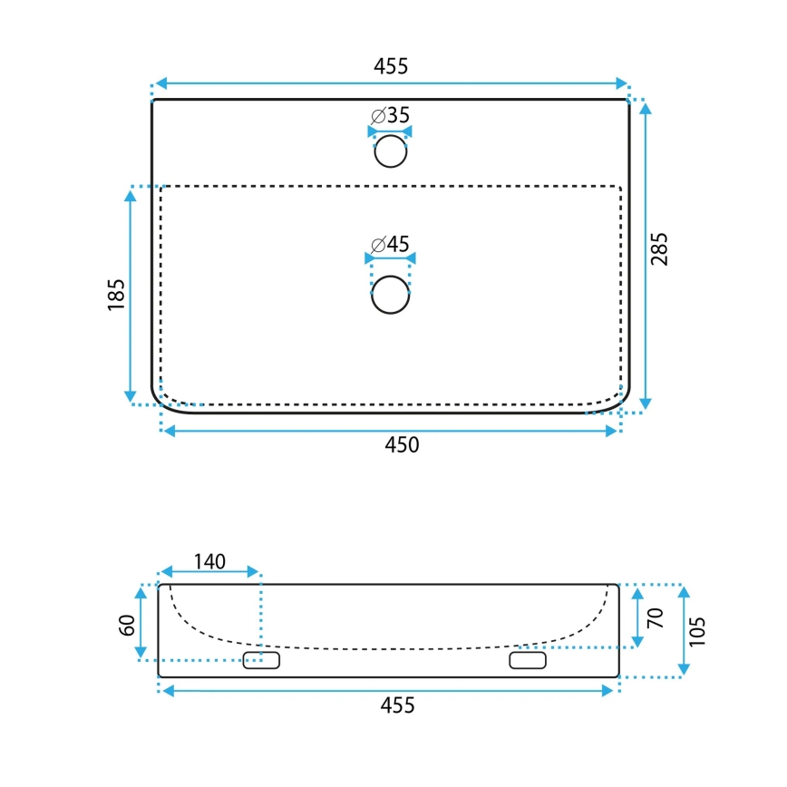 REA-U0630 - Lavoar NAOMI 28,5 x 45,5 cm, ceramică, alb, pentru montaj pe blat sau suspendat