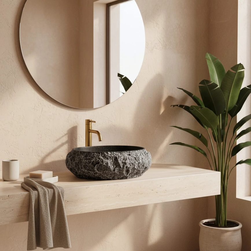 REA-U0634 - Lavoar pentru blat MIKA GABRO 38x50 cm, negru/imitație de piatră