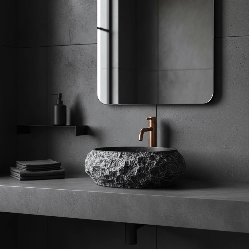 REA-U0634 - Lavoar pentru blat MIKA GABRO 38x50 cm, negru/imitație de piatră