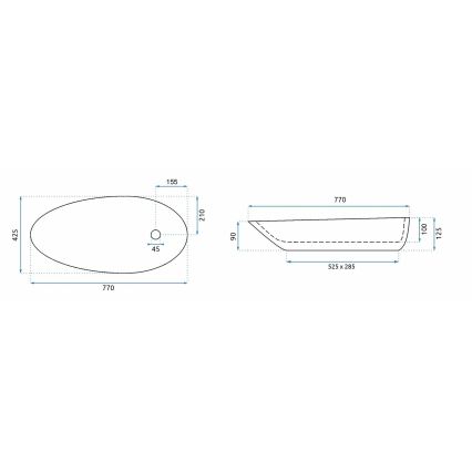 REA-U1500 - Lavoar pentru blat GRETA, 42,5 x 77 cm, ceramică, alb lucios