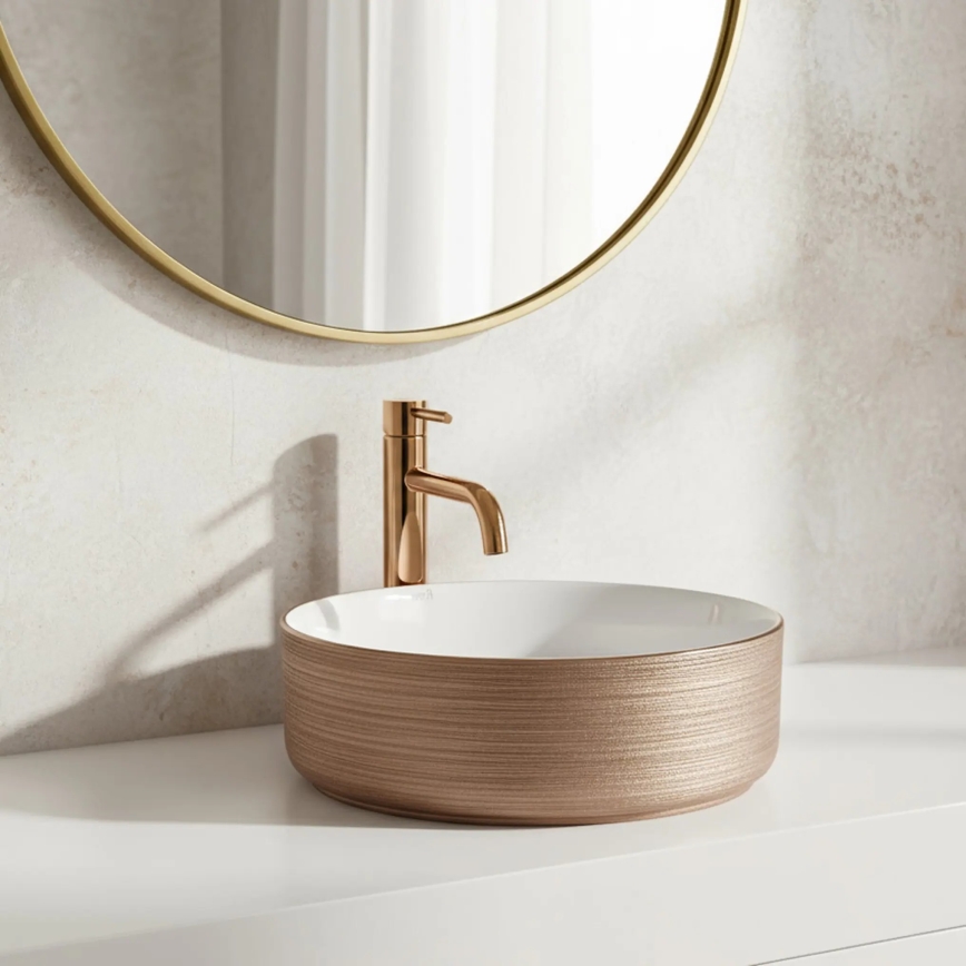 REA-U3303 - Lavoar pentru montare pe blat SAMI, Ø 37 cm, ceramică, alb/auriu