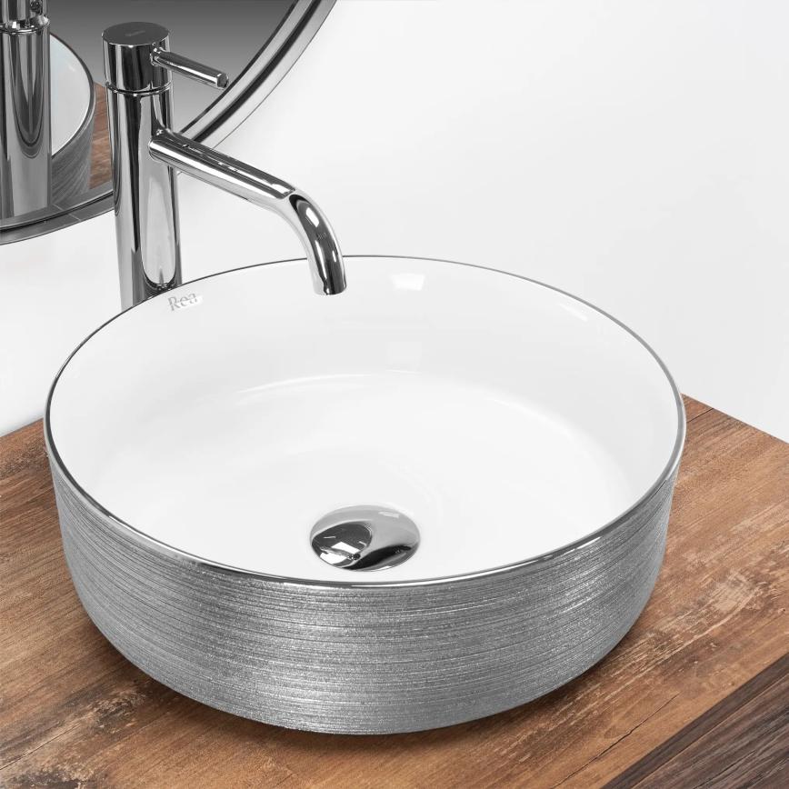 REA-U3304 - Lavoar de așezat pe blat SAMI, Ø 36 cm, ceramică, alb/argintiu