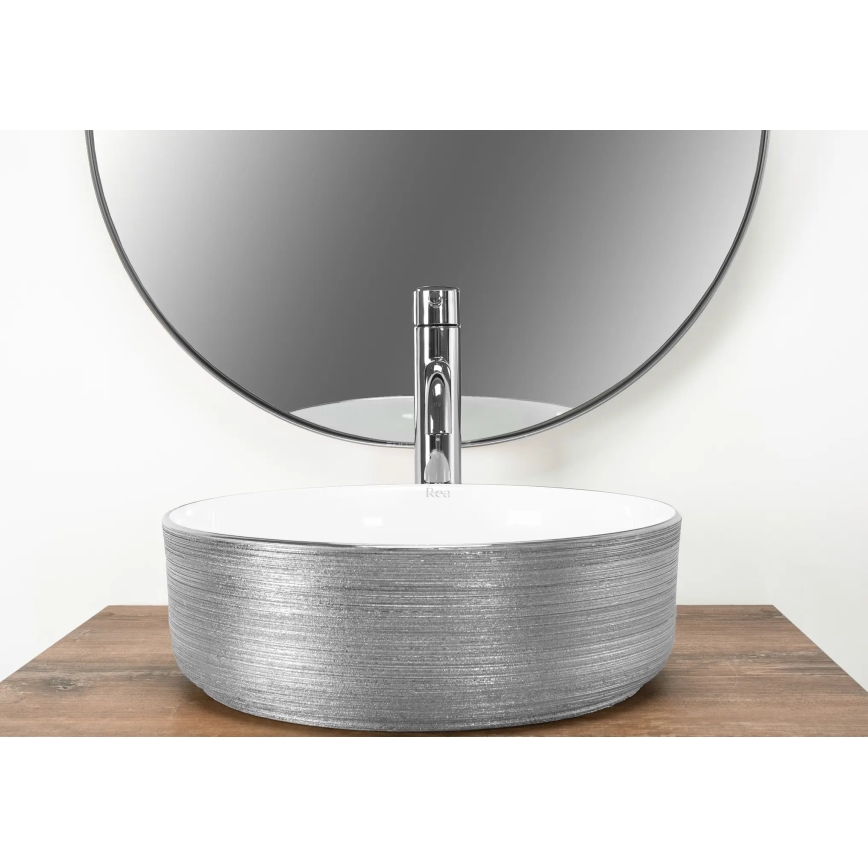 REA-U3304 - Lavoar de așezat pe blat SAMI, Ø 36 cm, ceramică, alb/argintiu
