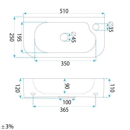 REA-U3610 - Lavoar ODETTA 25x51 cm, montare pe blat sau suspendat, ceramică, alb lucios