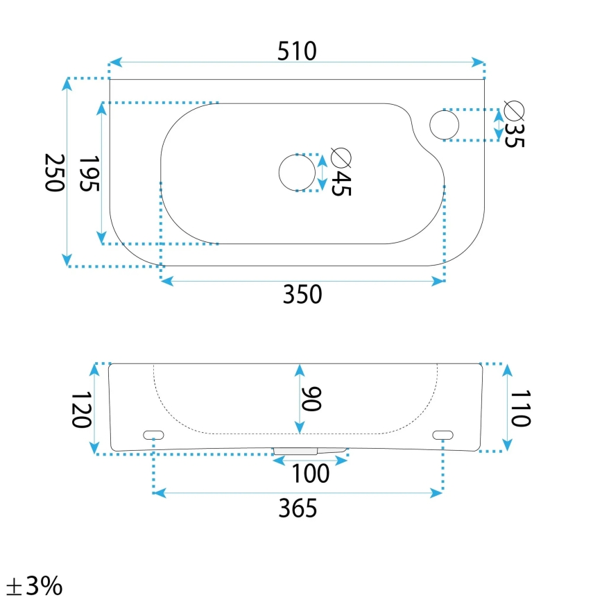REA-U3610 - Lavoar ODETTA 25x51 cm, montare pe blat sau suspendat, ceramică, alb lucios