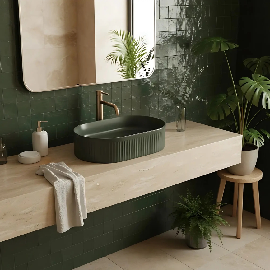 REA-U3611 - Lavoar pe blat VANDA, 31 x 49 cm, ceramică, verde închis
