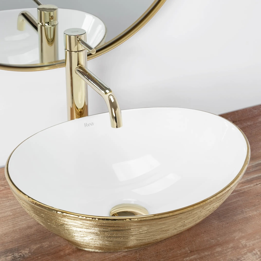 REA-U3697 - Lavoar SOFIA pe blat 34,5x41 cm ceramică/alb/auriu periat