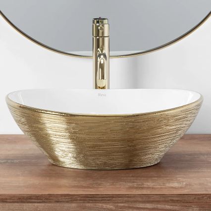REA-U3697 - Lavoar SOFIA pe blat 34,5x41 cm ceramică/alb/auriu periat