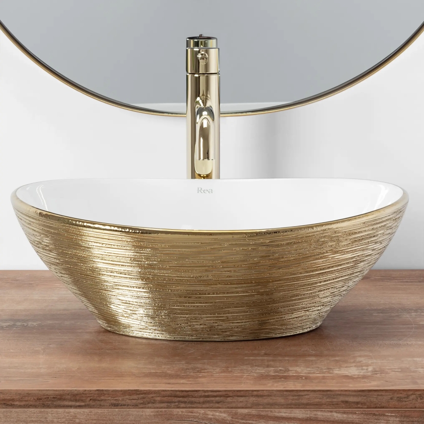 REA-U3697 - Lavoar SOFIA pe blat 34,5x41 cm ceramică/alb/auriu periat