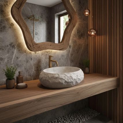 REA-U4332 - Lavoar MIKA pentru blat 38 x 50 cm, bej/gri, imitație de piatră