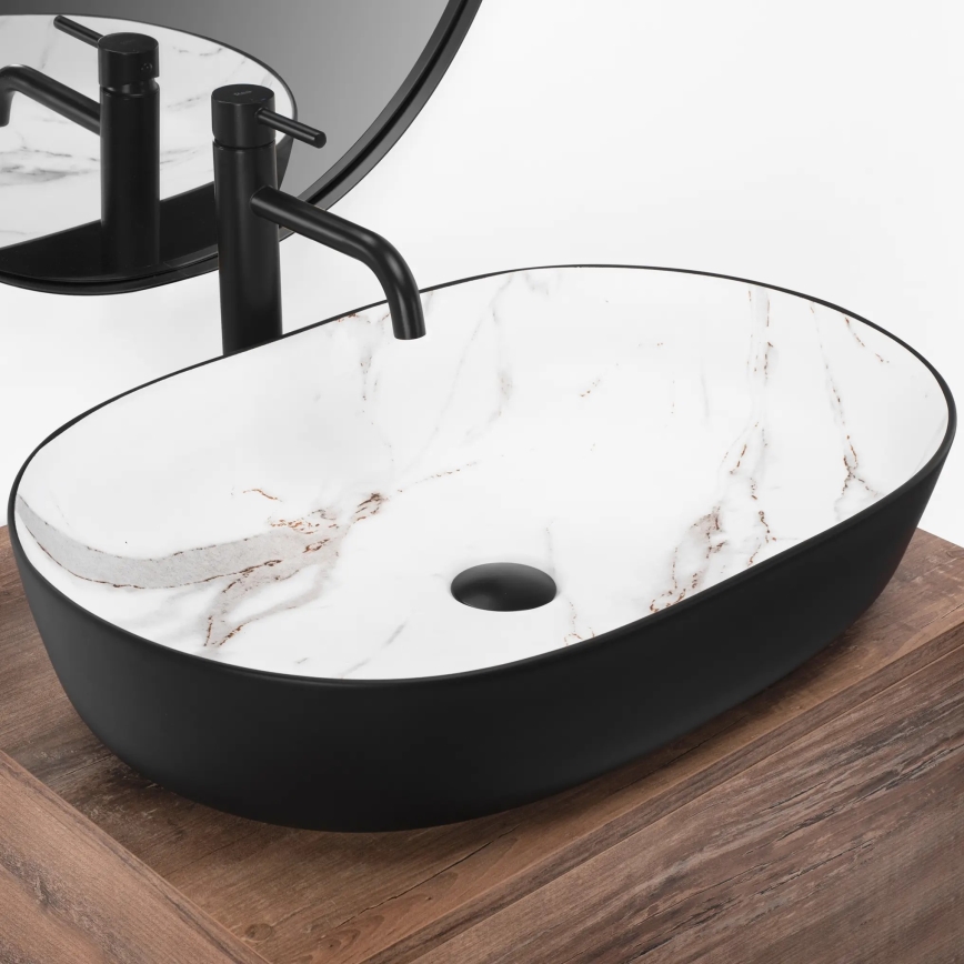 REA-U6625 - Lavoar CLEO pentru blat 41x60,5 cm, ceramică, negru/alb, decor marmură