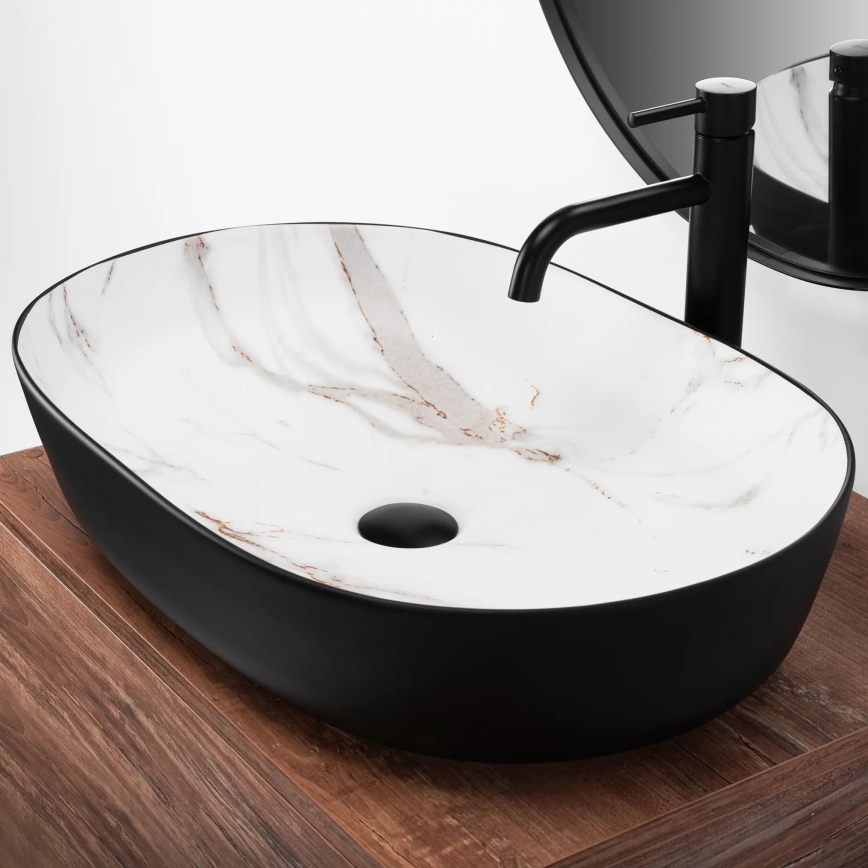 REA-U6625 - Lavoar CLEO pentru blat 41x60,5 cm, ceramică, negru/alb, decor marmură