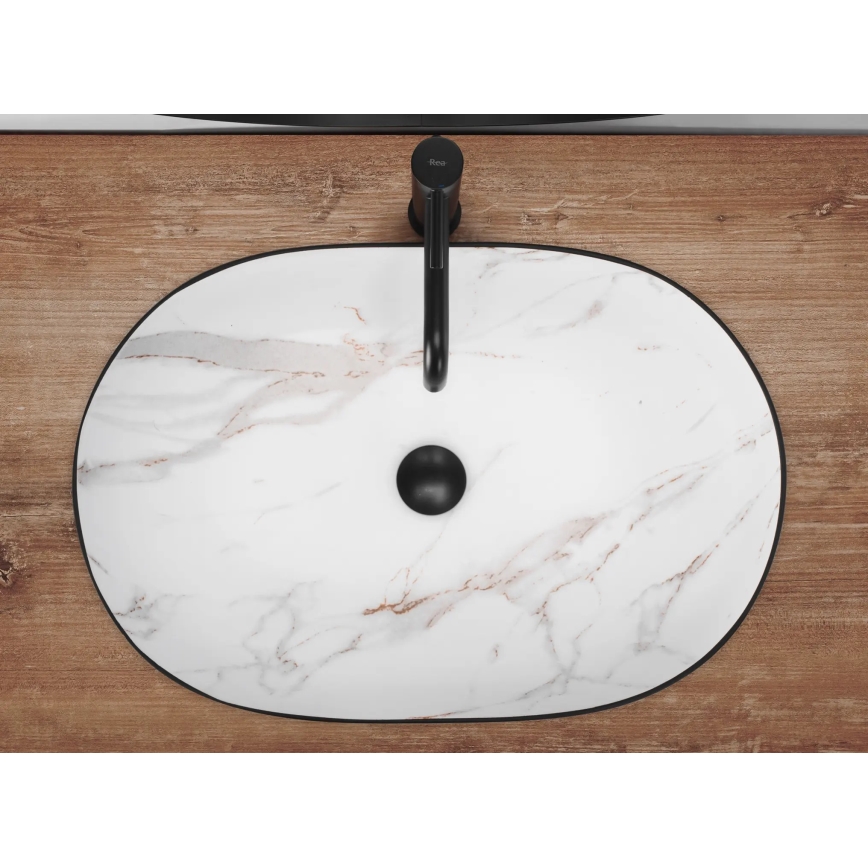 REA-U6625 - Lavoar CLEO pentru blat 41x60,5 cm, ceramică, negru/alb, decor marmură