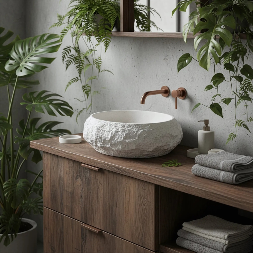 REA-U7350 - Lavoar MIKA pentru blat 38x50 cm, alb/imitație de piatră