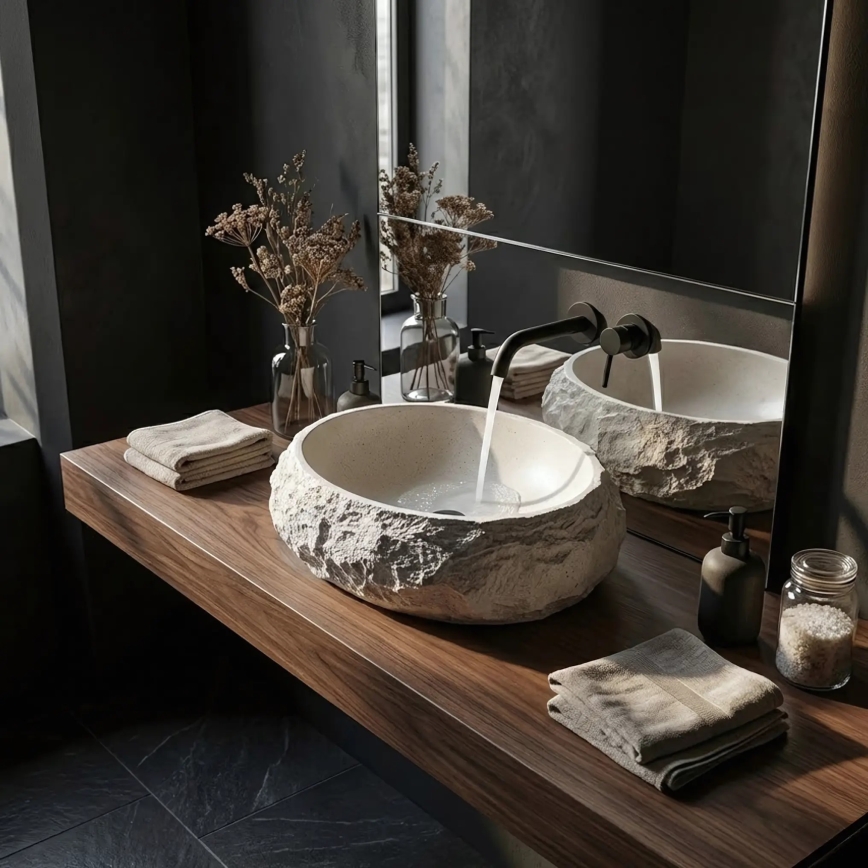 REA-U7350 - Lavoar MIKA pentru blat 38x50 cm, alb/imitație de piatră