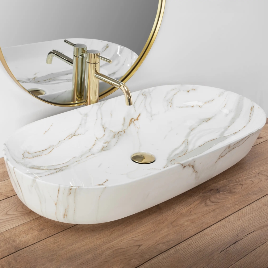 REA-U8404 - Lavoar pe blat CLEO 41x81 cm din ceramică, alb, decor marmură