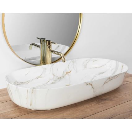 REA-U8404 - Lavoar pe blat CLEO 41x81 cm din ceramică, alb, decor marmură