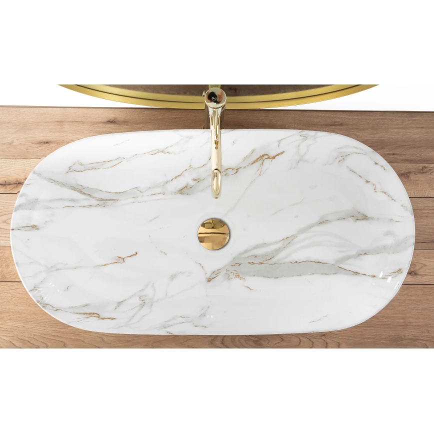 REA-U8404 - Lavoar pe blat CLEO 41x81 cm din ceramică, alb, decor marmură