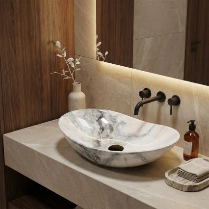 REA-U8596 - Lavoar pe blat ROYAL 36 x 62,5 cm, ceramică, alb/gri, imitație de piatră