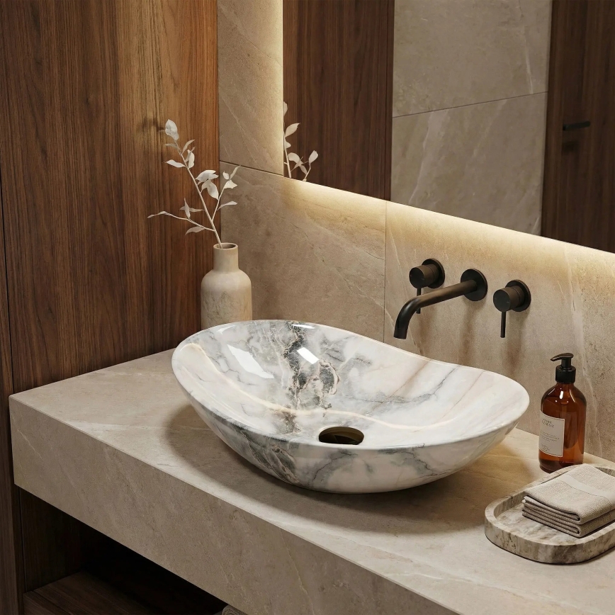 REA-U8596 - Lavoar pe blat ROYAL 36 x 62,5 cm, ceramică, alb/gri, imitație de piatră