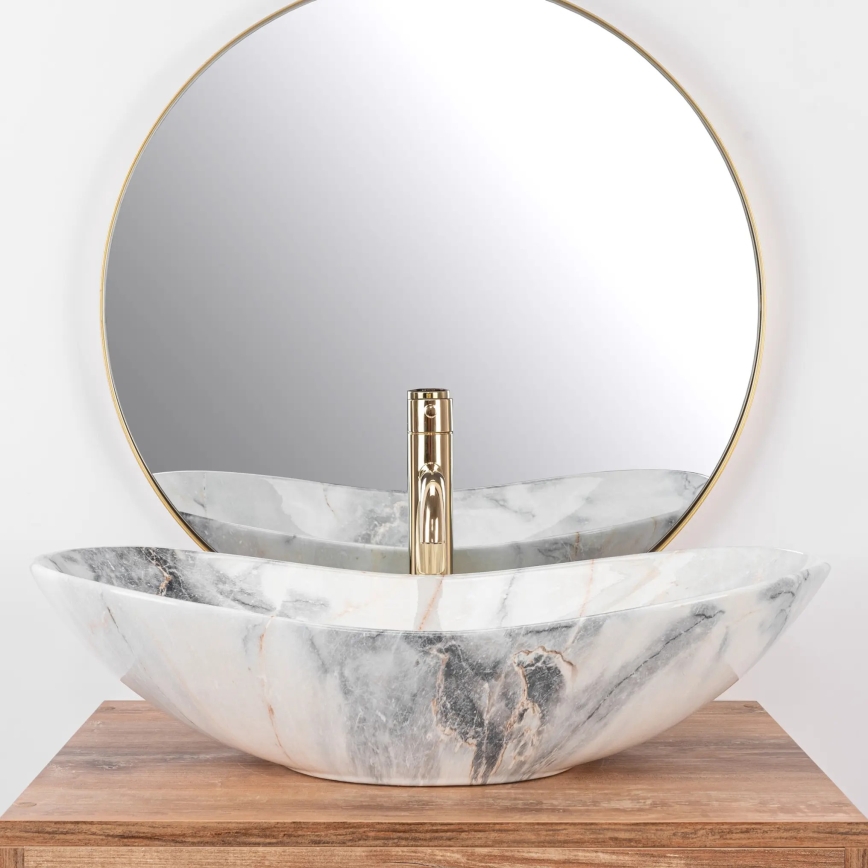 REA-U8596 - Lavoar pe blat ROYAL 36 x 62,5 cm, ceramică, alb/gri, imitație de piatră