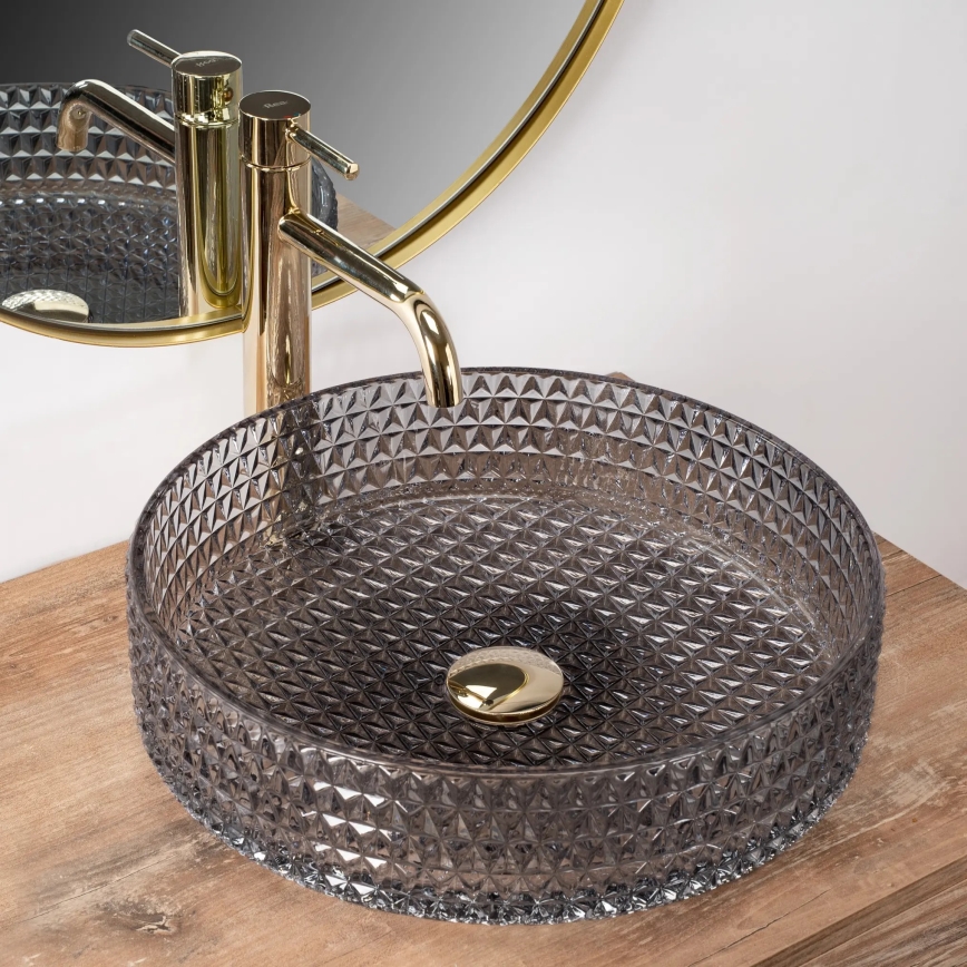 REA-U8880 - Lavoar pe blat CRISTAL, Ø 39 cm, sticlă/gri fumuriu