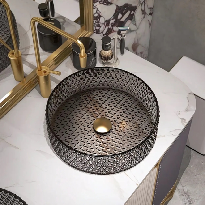 REA-U8880 - Lavoar pe blat CRISTAL, Ø 39 cm, sticlă/gri fumuriu