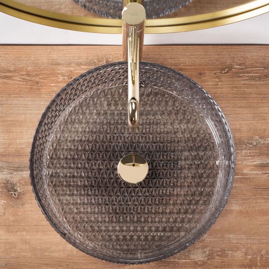 REA-U8880 - Lavoar pe blat CRISTAL, Ø 39 cm, sticlă/gri fumuriu