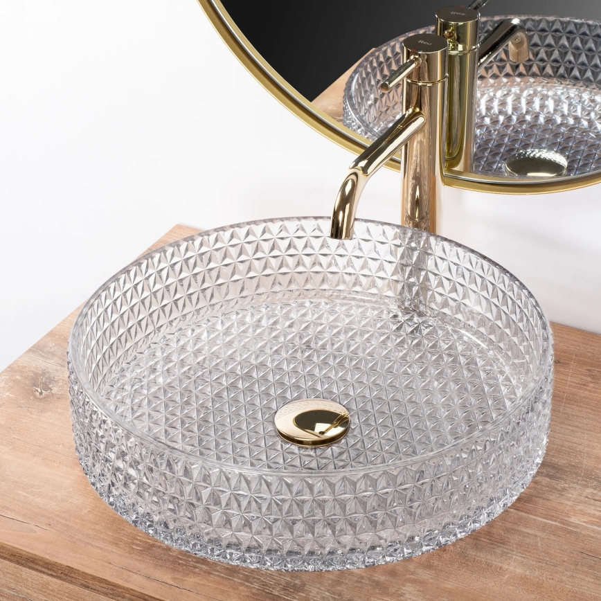 REA-U8881 - Lavoar pe blat CRISTAL Ø 39 cm, sticlă transparentă