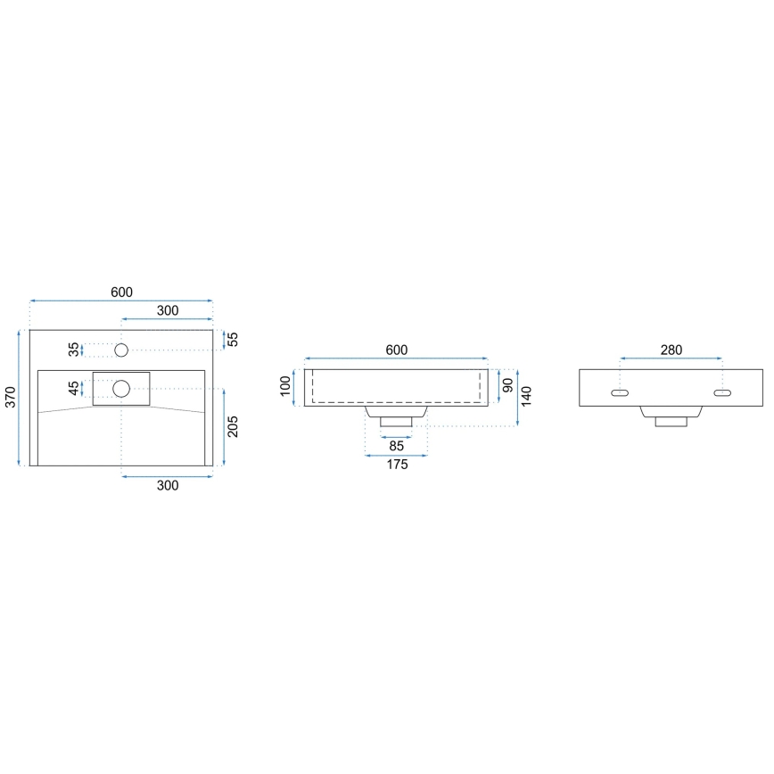 REA-U8901 - Lavoar pentru blat GOYA 37x60 cm compozit/alb mat