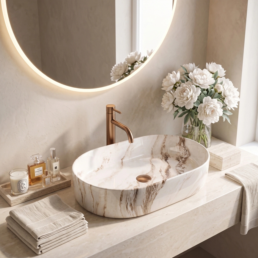 REA-U9239 - Lavoar pentru montare pe blat NADIA 38,5x61 cm ceramică/bej/imitație de piatră