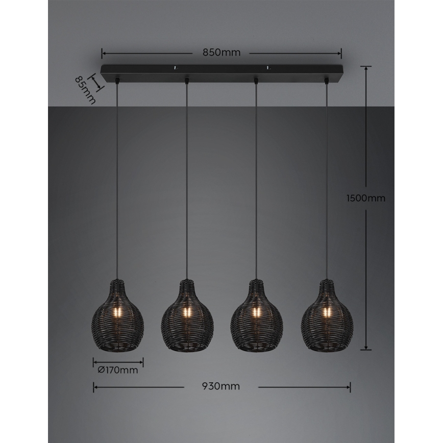 Reality - Lustră pe cablu SPROUT 4xE14/30W/230V negru/ratan