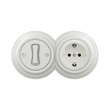 Reblig - Întrerupător retro unipolar nr. 1 și priză SCHUKO 230 V cu ramă ceramică albă