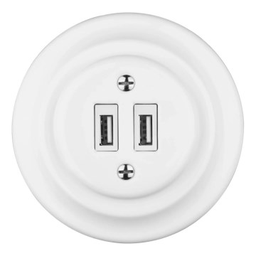 Reblig - Priză de perete retro din porțelan cu ramă, 2 x USB-A, albă