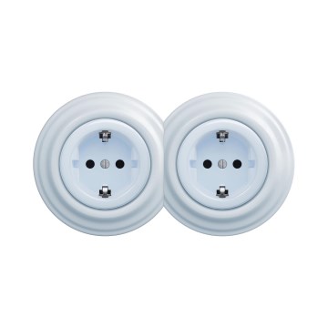 Reblig - Priză dublă retro de perete, cu ramă, SCHUKO, 230 V, albastru