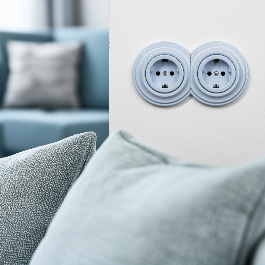Reblig - Priză dublă retro de perete, cu ramă, SCHUKO, 230 V, albastru