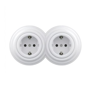 Reblig - Priză dublă retro de perete cu ramă SCHUKO 230V, alb zăpadă