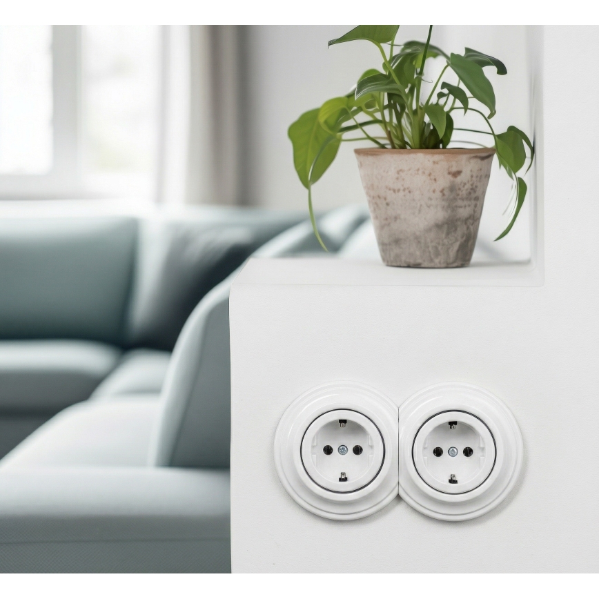 Reblig - Priză dublă retro de perete cu ramă SCHUKO 230V, alb zăpadă