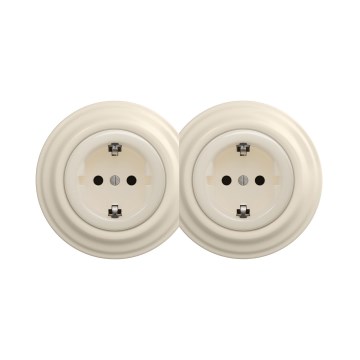 Reblig - Priză dublă retro de perete cu ramă SCHUKO 230V, bej