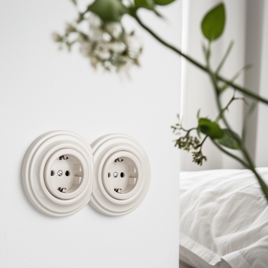 Reblig - Priză dublă retro de perete cu ramă SCHUKO 230V, bej