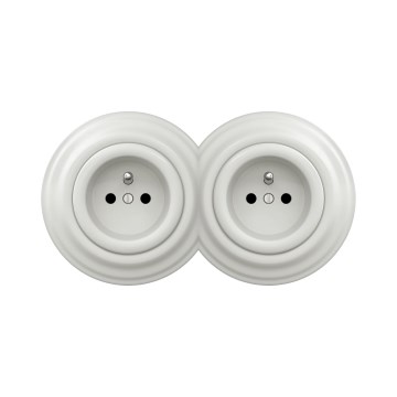 Reblig - Priză dublă retro pentru locuință cu ramă, 230 V, ceramică, albă