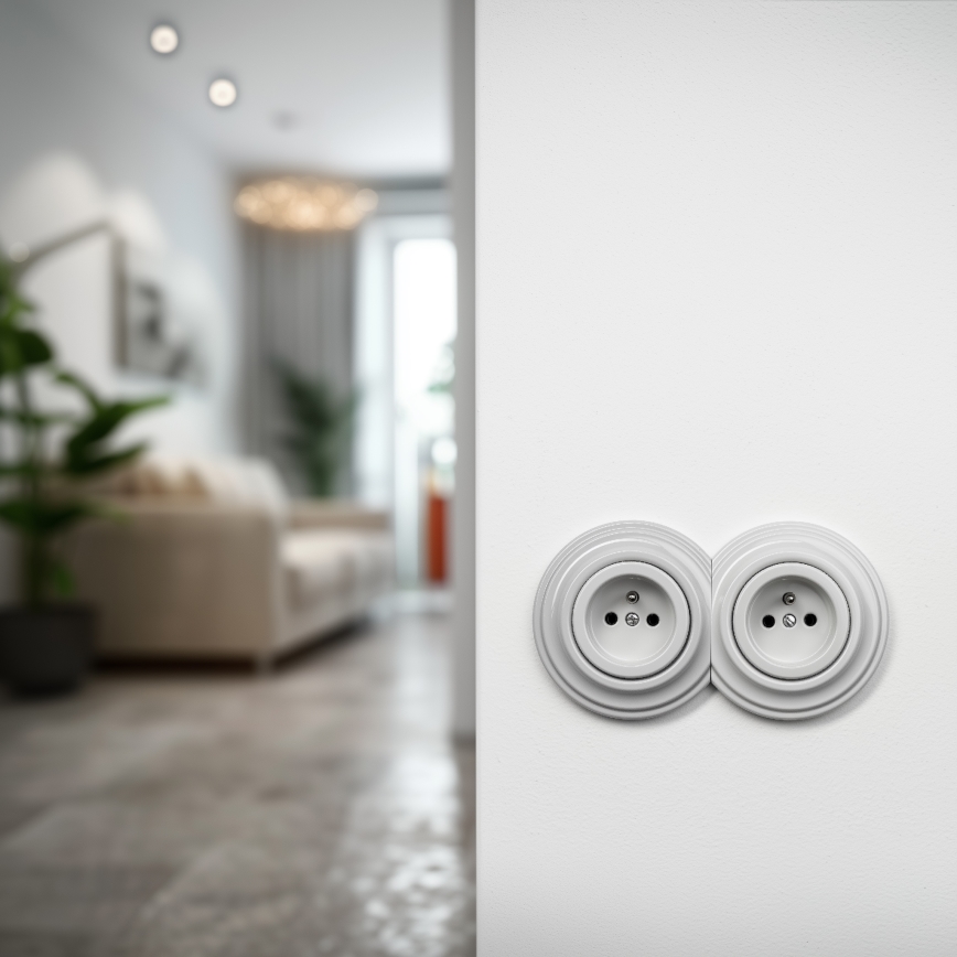 Reblig - Priză dublă retro pentru locuință cu ramă, 230 V, ceramică, albă
