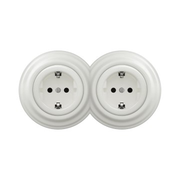 Reblig -Priză dublă retro pentru uz casnic cu ramă SCHUKO 230V ceramică albă