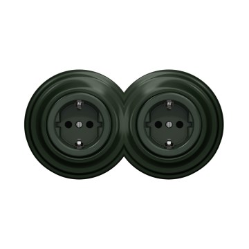 Reblig - Priză dublă retro SCHUKO cu ramă, 230 V, verde